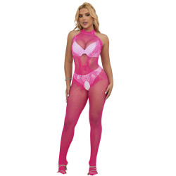 Subblime - 952389 Bodystocking Résille Et Dentelle Sans Fourrure Avec Col Montant Rose Taille Unique